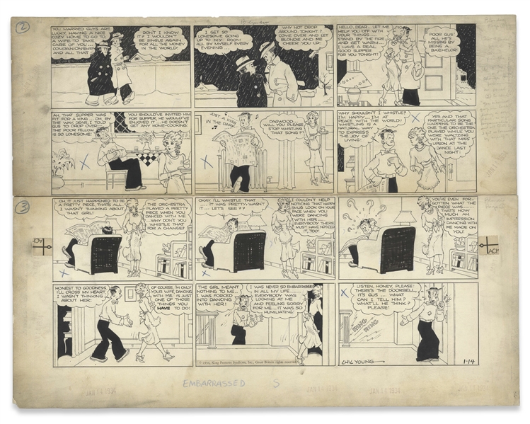 Chic Young Hand-Drawn ''Blondie'' Sunday Comic Strip From 1934 -- Featuring Dagwood, Blondie & Their Single Friend Gus